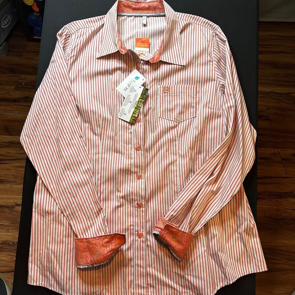 Cinch Mens XXL Tencel Western Stripe Performance Shirt Red Orange MSW9164104
